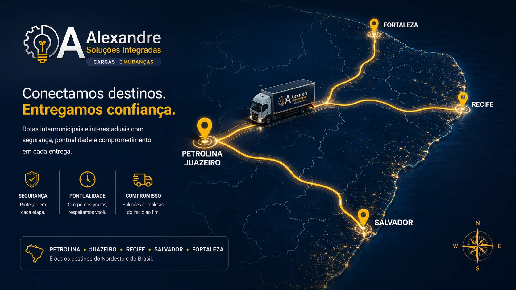 Mapa de rotas ASI saindo de Petrolina e Juazeiro para Recife, Salvador e Fortaleza