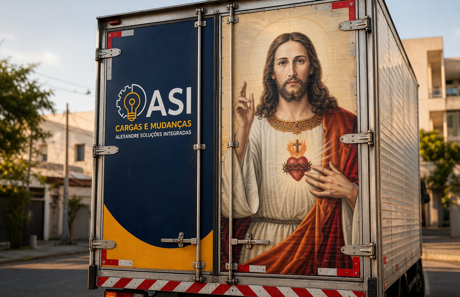 Porta traseira do caminh&atilde;o ASI com identidade Alexandre Solu&ccedil;&otilde;es Integradas