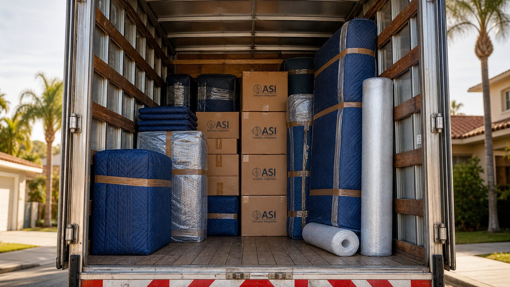 Ba&uacute; aberto do caminh&atilde;o ASI com caixas e m&oacute;veis protegidos por mantas