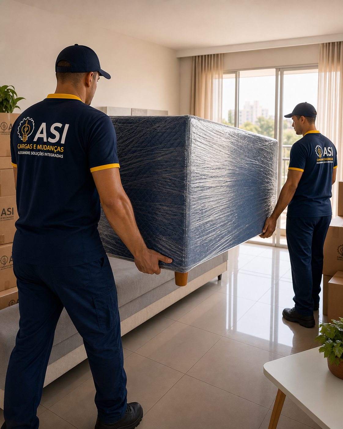 Equipe da ASI carregando m&oacute;vel protegido em mudan&ccedil;a residencial