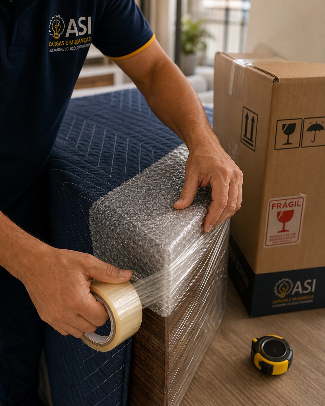 Profissional da ASI embalando m&oacute;vel com pl&aacute;stico bolha e prote&ccedil;&atilde;o